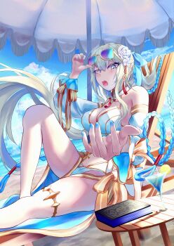 1girl absurdres bare_shoulders beach beach_chair beach_umbrella bikini blue_eyes blue_hair blue_sky blush book braid breasts cleavage cocktail_glass commentary_request cup detached_sleeves drinking_glass eyewear_on_head fate/grand_order fate_(series) flower gold_trim hair_flower hair_ornament hair_ribbon highres jewelry large_breasts long_hair long_skirt long_sleeves looking_at_viewer morgan_le_fay_(fate) morgan_le_fay_(water_princess)_(fate) navel open_mouth outstretched_arm ponytail puffy_long_sleeves puffy_sleeves ribbon sidelocks sitting skirt sky solo sunglasses swimsuit thighlet thighs tutuuraura88 twin_braids umbrella very_long_hair white_bikini white_hair white_skirt