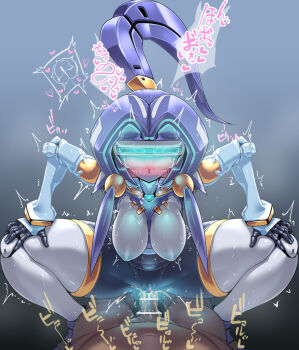1boy 1girl ^^^ android angelan bar_censor blush censored colored_skin cowgirl_position cum cum_in_pussy hands_on_own_knees heart heart_censor hetero joints penis pochincoff ponytail purple_hair pussy robophilia robot robot_girl robot_joints sex squatting squatting_cowgirl_position straddling sweat vaginal virtual_on visor white_skin