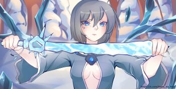 Rule 34 | 1girl, anna no kojo, blue eyes, blue gem, bracelet, breasts, cleavage, commentary, cryokinesis, crystal, crystal sword, english commentary, facial tattoo, forest, gem, grey hair, hair between eyes, highres, holding, holding sword, holding weapon, ice, ice wings, irma (mon-musu quest!), japanese clothes, jewelry, kimono, light blush, long sleeves, looking at viewer, medium breasts, mon-musu quest!, mon-musu quest: paradox, nature, open clothes, short hair, snow, solo, sword, tattoo, tree, twitter username, weapon, wings, witch