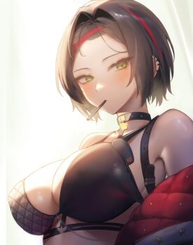 1girl absurdres bikini black_bikini black_hair breasts chain collar crow_(nikke) goddess_of_victory:_nikke green_eyes highres maviss_03 multicolored_hair piercing short_hair simple_background solo strap streaked_hair studded_bikini swimsuit upper_body