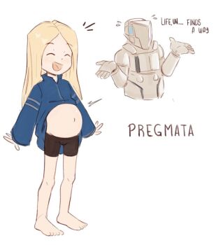 1boy 1girl android artist_request belly big_belly black_shorts blonde_hair blue_jacket closed_eyes diana_(pragmata) feet female hugh_williams jacket legs loli machine male navel open_mouth pragmata pregnant pregnant_child pregnant_loli robot shorts shrugging smile spacesuit stomach toes white_background