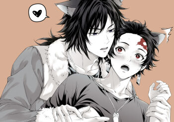 2boys alternate_costume animal_ears blush brown_background chinese_commentary clothes_lift collarbone commentary_request contemporary earrings fangs fingernails fur-trimmed_jacket fur_trim greyscale_with_colored_background hanafuda_earrings hand_on_another's_chest heart height_difference holding_another's_wrist jacket jewelry jingkei0522 kamado_tanjirou kemonomimi_mode kimetsu_no_yaiba lifting_another's_clothes long_hair long_sleeves looking_at_another low_ponytail male_focus monochrome multiple_boys necklace nipple_stimulation nipple_tweak open_mouth pectoral_grab ponytail red_eyes scar scar_on_face scar_on_forehead shirt shirt_lift short_hair simple_background spoken_heart spot_color sweat tomioka_giyuu upper_body wolf_boy wolf_ears yaoi