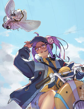1boy 1girl bag black_hat black_jacket blanca_(fate) blue_shorts blue_sky breasts bug eiki_(eikityou_55) fate/grand_order fate_(series) flower glasses hair_flower hair_ornament hairclip hat insect jacket long_hair long_sleeves moth motor_vehicle motorcycle necktie oberon_(fate) open_mouth parted_bangs ponytail rani_t_(fate) shirt shorts shoulder_bag sky small_breasts visor_cap yellow_shirt