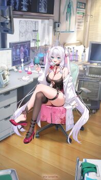 1girl :d animal bare_shoulders beaker bed belt blue_eyes breasts chair character_request choker coat crossed_legs doctor erlenmeyer_flask flask hair_ribbon heart heart-shaped_pupils high_heels highres hospital_bed houchi_shoujo indoors keycard lab_coat large_breasts long_hair mouse_(animal) off-shoulder_coat off_shoulder official_art on_chair open_mouth pale_skin red_shoes ribbon shoes single_thighhigh sitting skull smile solo straight_hair symbol-shaped_pupils test_tube test_tube_rack thighhighs twintails very_long_hair white_hair white_ribbon wooden_floor