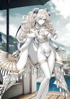 Rule 34 | 1girl, blonde hair, blue eyes, breasts, closed mouth, covered navel, fate/grand order, fate (series), feet out of frame, flower, folding fan, game cg, hair flower, hair ornament, hand fan, highleg, highleg one-piece swimsuit, holding, holding fan, juliet sleeves, konoe ototsugu, kriemhild (fate), kriemhild (swimsuit rider) (fate), kriemhild (swimsuit rider) (third ascension) (fate), long hair, long sleeves, looking at viewer, medium breasts, navel piercing, official art, one-piece swimsuit, outdoors, pale skin, piercing, puffy sleeves, see-through clothes, see-through one-piece swimsuit, shrug (clothing), smile, solo, standing, swimsuit, thigh strap, twintails, variant set, white one-piece swimsuit, white shrug, white theme