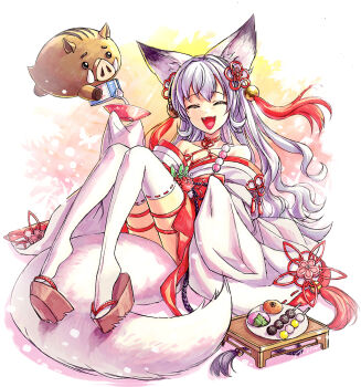 1girl closed_mouth commentary_request destiny_child fang food japanese_clothes long_hair mamoru_mikokoro nontraditional_miko okobo open_mouth pig platform_sandals sandals sitting smile tabi tassel thighhighs warwolf werewolf white_hair white_tail white_thighhighs wolf_girl