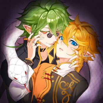 Rule 34 | 2boys, ahoge, alternate costume, animal, aotu world, bishounen, black choker, black jacket, black shirt, blonde hair, blue eyes, chinese clothes, chinese commentary, choker, ear piercing, earrings, green hair, hair between eyes, hand in another's hair, hand on another's head, high collar, highres, jacket, jewelry, king (aotu world), long hair, long sleeves, looking at viewer, low ponytail, male focus, mandarin collar, multicolored eyes, multicolored shirt, multiple boys, multiple rings, open mouth, orange shirt, parted lips, piercing, pointy ears, ponytail, red eyes, ring, round eyewear, shirt, short hair, slit pupils, smile, snake, snake earrings, sunglasses, tangzhuang, tongue, tongue out, upper body, white snake, xander (aotu world), yaoi, yellow eyes, yezhulatanglaoban