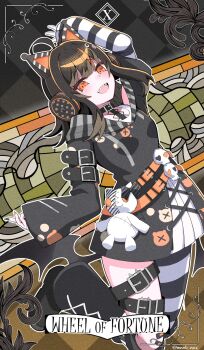 1girl :d ahoge animal_ear_headphones animal_ears asymmetrical_legwear belt black_dress black_leg_warmers black_nails black_shoes cat_ear_headphones cat_ears commentary dress eyeball_hair_ornament fake_animal_ears fake_wings headphones highres leg_warmers looking_at_viewer mahou_shoujo_no_majo_saiban mononobe_nekuro mosaic_pattern open_mouth orange_eyes orange_nails orange_streaks pantyhose sawatari_coco sharp_teeth shoes smile solo stained_glass striped_clothes striped_pantyhose stuffed_animal stuffed_cat stuffed_toy tarot teeth thigh_belt thigh_strap wheel_of_fortune_(tarot) wings
