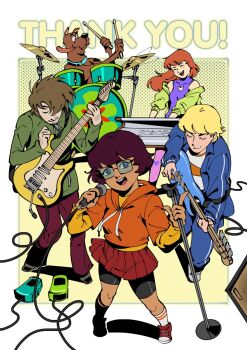 2boys 2girls ^_^ animal blonde_hair blush closed_eyes commentary daphne_blake dog drum drum_set english_commentary facial_hair freckles fred_jones full_body goatee_stubble guitar highres holding holding_guitar holding_instrument holding_microphone holding_microphone_stand hood hoodie instrument long_hair microphone microphone_stand multiple_boys multiple_girls music officeanomaly red_skirt scooby-doo scooby-doo_(character) shaggy_rogers short_hair singing skirt stubble thank_you tongue tongue_out velma_dinkley