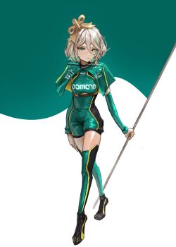 1girl absurdres alternate_costume aston_martin black_shoes cecilia_immergreen colored_inner_hair commentary doll_joints english_commentary flag full_body green_eyes green_hair green_shirt green_thighhighs grey_hair highres hololive hololive_english joints looking_at_viewer multicolored_hair open_mouth race_queen shirt shoes short_hair simple_background solo sponsor standing streaked_hair tablicoart thighhighs two-tone_hair virtual_youtuber white_background winding_key