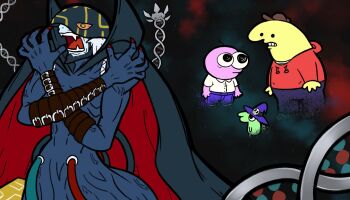 4boys adult_swim apocalymon arm_belt cable cap cape charlie_(smiling_friends) collared_shirt crossover digimon digimon_(creature) fading fangs fingernails glep_(smiling_friends) hat hood hooded_jacket jacket mask meme multiple_boys pim_(smiling_friends) pink_eyes sharp_fingernails sharp_teeth shirt smiling_friends space teeth warner_bros.