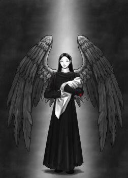 1girl aespa angel angel_wings baby carrying carrying_baby carrying_person commentary east_asian feathers full_body greyscale hair_behind_ear highres k-pop karina_(aespa) long_hair looking_at_viewer monochrome nun nun_headdress ochy real_life shadow shin_wooseok's_urban_fairy_tale shoes smile solo spot_color untranslatable_commentary wings