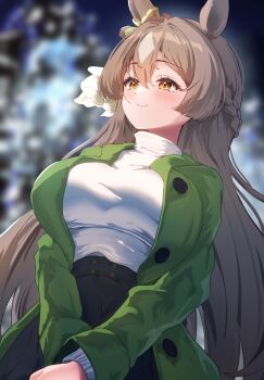 1girl absurdres animal_ears black_skirt blush braid breasts brown_eyes brown_hair closed_mouth coat commentary_request double-parted_bangs ear_ornament green_coat hair_between_eyes half_up_braid highres horse_ears horse_girl large_breasts long_hair long_sleeves multicolored_hair open_clothes open_coat p1_fcoyaa satono_diamond_(umamusume) skirt smile solo streaked_hair sweater umamusume very_long_hair white_sweater