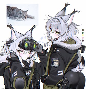 1girl absurdres animal_ears ass black_hoodie black_jacket black_pantyhose elbow_pads gloves goggles goggles_on_head green_eyes grey_gloves grey_hair haze_(7h4ze) highres hood hoodie jacket looking_at_viewer medium_hair original pantyhose photo-referenced tail