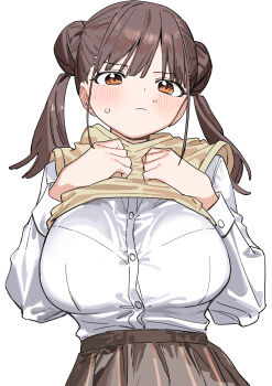 1girl absurdres blush breasts brown_hair brown_skirt double_bun dress_shirt hair_bun haruyuki_(gffewuoutgblubh) highres idolmaster idolmaster_shiny_colors large_breasts long_sleeves looking_at_viewer school_uniform shirt shirt_tucked_in simple_background skirt solo sonoda_chiyoko sweatdrop sweater_vest twintails white_background white_shirt yellow_sweater_vest