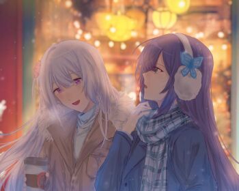 2girls :d adjusting_scarf arm_at_side assault_lily bing_bushi_ganmao_ling_z blue_jacket blurry blurry_background blush braid breast_pocket breath brown_jacket butterfly_hair_ornament chinese_commentary commentary_request cup disposable_coffee_cup disposable_cup earmuffs flower from_side funada_kiito funada_ui green_eyes grey_hair hair_between_eyes hair_flower hair_ornament hand_up holding holding_cup jacket long_hair long_sleeves looking_ahead looking_at_another looking_to_the_side looking_up multiple_girls open_mouth outdoors parted_lips pink_flower plaid_clothes plaid_scarf pocket purple_eyes purple_hair scarf siblings side_braid single_braid sisters smile snowing storefront sweater upper_body white_scarf white_sweater winter_clothes