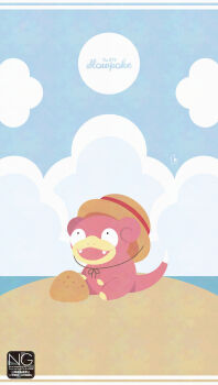 cloud fangs gen_1_pokemon hat highres meme_(sleepsheep) nintendo no_humans open_mouth outdoors pokemon pokemon_(creature) pokemon_focus sand sitting sky slowpoke smile tail water