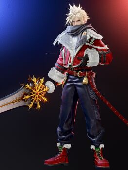1boy 3d aqua_eyes baggy_pants bell belt black_background black_gloves black_pants black_scarf blonde_hair blue_background boots cable_knit cloud_strife coat covered_mouth cowbell cropped_coat final_fantasy final_fantasy_vii final_fantasy_vii:_ever_crisis full_body fur-trimmed_coat fur_trim gloves gradient_background highres holding holding_sword holding_weapon huge_weapon looking_at_viewer male_focus multiple_belts official_alternate_costume pants red_background red_belt red_boots red_coat scarf short_hair solo spiked_hair sweater sword trivia3d twitter_username weapon white_fur white_sweater winter_clothes winter_coat