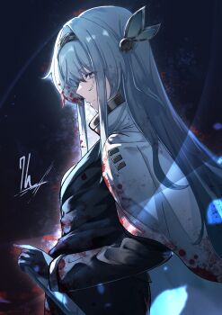 1girl absurdres black_gloves black_hairband blood blood_on_clothes cape commentary_request firefly_(honkai:_star_rail) from_side gloves grey_hair hair_between_eyes hairband highres honkai:_star_rail honkai_(series) index_(identity)_(project_moon) limbus_company long_hair long_sleeves memeiradesuyo multicolored_eyes project_moon solo standing white_cape