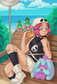 Rule 34 | 1girl, bandana, bandana around neck, bench, black bandana, black shirt, black socks, blue sky, boots, bush, closed eyes, cloud, day, eating, fomantis, food, gen 7 pokemon, hat, highres, holding, holding food, mareanie, nintendo, outdoors, pink eyes, pink hair, pokemon, pokemon (creature), pokemon sm, shirt, short hair, short shorts, shorts, sitting, sky, sleeveless, sleeveless shirt, socks, solo, studiomaz, team skull grunt, water, white boots, white hat, white shorts