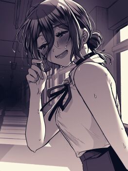 1girl blush chainsaw_man choker commentary_request hair_between_eyes half-closed_eyes hallway highres indoors long_hair_between_eyes looking_at_viewer monochrome neck_ribbon partial_commentary reze_(chainsaw_man) ribbon shirt shirt_tucked_in sleeveless sleeveless_shirt smile solo wata_wa_wata wet wet_hair