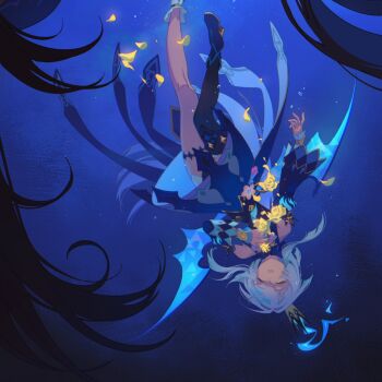 2girls asymmetrical_footwear bare_shoulders black_hair black_thighhighs blue_boots blue_bow blue_dress blue_fire blue_hair blue_sleeves boots bow bowtie cerydra_(honkai:_star_rail) chinese_commentary clenched_hand closed_eyes collarbone collared_dress commentary_request crown death detached_sleeves dress falling fire flower fridaynightcat full_body gold_trim gradient_hair grey_hair hair_bow hand_on_own_chest hand_up highres honkai:_star_rail honkai_(series) hysilens_(honkai:_star_rail) jewelry long_hair long_sleeves low_ponytail low_wings mismatched_footwear multicolored_hair multiple_girls multiple_rings petals ponytail purple_bow purple_bowtie ring rose see-through_body sidelocks single_thighhigh sleeveless sleeveless_dress solo_focus teeth thigh_strap thighhighs two-tone_hair upside-down white_boots wide_sleeves wings yellow_flower yellow_rose