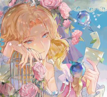 1boy absurdres androgynous birdcage bishounen blonde_hair blue_background blue_eyes cage collarbone flower frilled_sleeves frills hair_intakes head_tilt highres identity_v joseph_desaulniers joseph_desaulniers_(hangover) light_smile male_focus medium_hair pink_flower pink_rose portrait rose shirt solo wavy_hair white_shirt wind_chime xiaomianduoshao