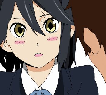 Rule 34 | 10s, 1boy, 1girl, black hair, blazer, blush, brown hair, hair between eyes, inaba himeko, jacket, kokoro connect, niporin, ribbon, school uniform, yaegashi taichi, yellow eyes
