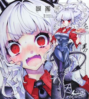 1girl apron black_apron black_necktie blunt_bangs blush bright_pupils character_request commentary covered_navel demon_girl demon_tail hand_on_own_hip helltaker highres holding holding_plate horns looking_at_viewer mole mole_under_eye multiple_views necktie open_mouth plate ponytail qr_code red_eyes red_shirt ringed_eyes sample_watermark shirt solo sunao_saito tail tears watermark white_background white_hair white_horns white_pupils
