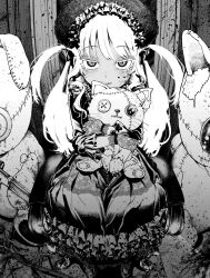 Rule 34 | 1girl, bonnet, dress, expressionless, frilled dress, frills, gloves, greyscale, highres, holding, holding stuffed toy, lolita fashion, long hair, looking at viewer, monochrome, morimoto atsushi, original, sitting, solo, stuffed animal, stuffed cat, stuffed toy, two side up