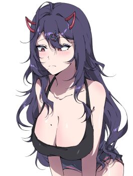 1girl akuma_nihmune black_tank_top blush breasts collarbone cyanillust demon_horns hair_ornament highres horns indie_virtual_youtuber large_breasts messy_hair mole mole_on_breast purple_hair red_eyes star_(symbol) star_hair_ornament tank_top virtual_youtuber