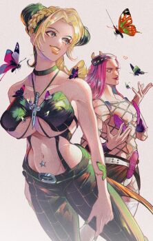 1boy 1girl adapted_costume arm_tattoo belt belt_buckle blonde_hair blue_eyes bra braid braided_bun braided_ponytail breasts brown_skirt buckle bug butterfly butterfly_tattoo choker collarbone commentary_request cone_hair_bun double_bun fishnet_pantyhose fishnet_top fishnets green_bra green_butterfly green_choker green_eyes green_hair green_nails green_pants hair_bun halterneck hat horned_hat insect jewelry jojo_no_kimyou_na_bouken kuujou_jolyne large_breasts long_hair looking_to_the_side makeup multicolored_hair musasabi05 narciso_anasui navel navel_piercing necklace orange_lips pants pantyhose parted_lips piercing pink_eyes pink_hair pink_lips purple_hat skirt smile spider_web_print star_piercing stone_ocean sword tattoo two-tone_hair underboob underwear weapon white_belt