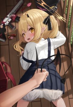1boy 1girl absurdres ass assault_rifle blonde_hair bloomers blue_archive comodox crime_prevention_buzzer demon_horns demon_tail demon_wings gun h&amp;k_hk416 halo highres horns ibuki_(blue_archive) loli open_mouth pointy_ears ribbon rifle shirt tail underwear weapon white_bloomers white_shirt wings yellow_eyes yellow_halo