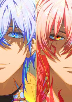 2boys absurdres black_choker blonde_hair blue_eyes braid choker commentary facial_tattoo gradient_hair hair_between_eyes highres honkai:_star_rail honkai_(series) male_focus medium_hair multicolored_hair multiple_boys mydei_(honkai:_star_rail) neck_tattoo phainon_(honkai:_star_rail) red_hair red_tattoo short_hair side_braid split_screen sun_symbol sun_tattoo symbol-only_commentary tan tattoo white_hair yellow_eyes yyeong80875