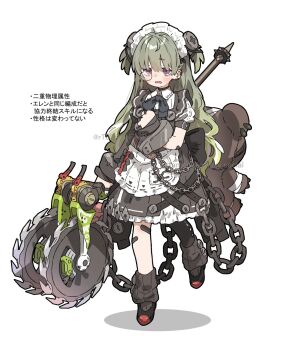 1girl alternate_costume amonitto apron bandaid bandaid_on_leg black_dress black_leg_warmers chain circular_saw commentary_request corin_wickes dress green_hair highres holding holding_weapon leg_warmers long_hair maid maid_headdress monocle open_mouth saw screw_hair_ornament shoes short_sleeves simple_background solo stuffed_animal stuffed_toy teddy_bear translation_request two_side_up waist_apron weapon white_background zenless_zone_zero