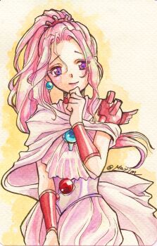 1girl aged_up cape choker closed_mouth earrings final_fantasy final_fantasy_iv final_fantasy_iv:_the_after_years highres jewelry long_hair looking_at_viewer mayim pink_hair ponytail porom porom_(adult) purple_eyes simple_background smile solo