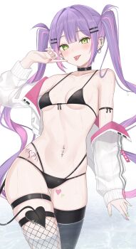 1girl :p asymmetrical_legwear barbell_piercing bikini black_bikini black_choker black_thighhighs breasts center-flap_bangs chain chain_earrings choker colored_inner_hair commentary_request cropped_jacket demon_girl demon_tail double-parted_bangs ear_piercing earrings fishnet_thighhighs fishnets front-tie_bikini_top front-tie_top gluteal_fold green_eyes green_nails hair_ornament hairclip highres hip_tattoo hololive industrial_piercing jacket jacket_partially_removed jewelry long_hair looking_at_viewer mismatched_legwear multicolored_hair nail_polish navel navel_piercing open_mouth parallel_hairclips piercing pink_hair pink_nails pointy_ears purple_hair simple_background single_sleeve_past_wrist small_breasts solo spiked_ear_piercing stomach streaked_hair swimsuit tail tail_ornament tail_piercing tattoo thigh_strap thighhighs tojo_aoi tokoyami_towa tongue tongue_out tongue_piercing twintails virtual_youtuber wading wet white_background white_jacket winged_heart winged_heart_tattoo