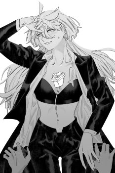 2girls absurdres blush bra breasts collared_shirt commentary_request female_pov greyscale gundam gundam_suisei_no_majo hand_on_another&#039;s_hand hands_on_own_knees highres jacket korean_commentary long_hair looking_at_viewer miorine_rembran monochrome multiple_girls open_clothes open_jacket open_shirt pants parted_lips pov shirt small_breasts smile snapagi suletta_mercury sweatdrop underwear yuri