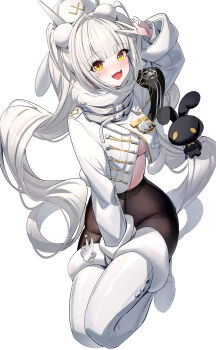 1girl :d arm_up between_legs blanc_(fortune_express)_(nikke) blanc_(nikke) blush boots breasts brown_pantyhose commentary cropped_jacket facial_mark full_body fur-trimmed_boots fur_trim goddess_of_victory:_nikke hair_intakes hand_between_legs hat highres jacket long_hair looking_at_viewer medium_breasts official_alternate_costume open_mouth pantyhose ririko_(zhuoyandesailaer) simple_background smile solo star_(symbol) thigh_boots v very_long_hair white_background white_boots white_hair white_hat white_jacket yellow_eyes
