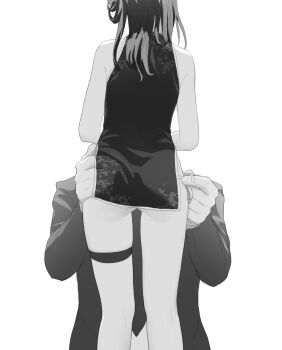 1boy 1girl ass frilled_thigh_strap china_dress chinese_clothes commentary dress english_commentary from_behind greyscale highres implied_cunnilingus loli monochrome original panties pumpkinspicelatte side-tie_panties simple_background sleeveless sleeveless_dress standing thigh_strap thighs underwear white_background