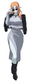 Rule 34 | 1girl, adjusting eyewear, black boots, boots, breasts, colored sclera, colored skin, commentary request, dress, eyeshadow, fang, grey dress, grey skin, highres, jacket, jacket on shoulders, jewelry, large breasts, long hair, looking over eyewear, makeup, midna, midna (true), nasu (ilo a5), nintendo, orange hair, parted bangs, pendant, pointy ears, purple eyeshadow, purple lips, red eyes, ribbed dress, side slit, smile, solo, sunglasses, the legend of zelda, the legend of zelda: twilight princess, tinted eyewear, white background, yellow sclera