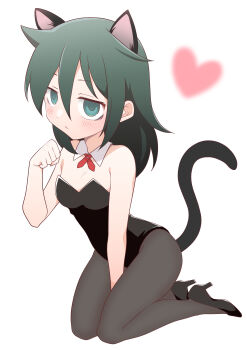 Rule 34 | 1girl, :<, absurdres, animal ears, bags under eyes, bare shoulders, between legs, black hair, black leotard, black pantyhose, black shoes, blurry, blush, breasts, cat day, cat ears, cat girl, cat tail, closed mouth, commentary request, cross tie, detached collar, full body, green eyes, hair between eyes, hand between legs, hand up, heart, high heels, highres, hikaru (ofuton at5), kemonomimi mode, kittysuit, kneeling, kuroki tomoko, leotard, long hair, nontraditional playboy bunny, pantyhose, paw pose, playboy bunny, shoes, simple background, small breasts, solo, strapless, strapless leotard, tail, watashi ga motenai no wa dou kangaetemo omaera ga warui!, white background