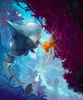 1girl arthropod_girl black_eyes blue_sky cloak commentary coral english_commentary highres hollow_knight hollow_knight:_silksong hornet_(hollow_knight) horns in-universe_location mare_(notamato) needle_(hollow_knight) red_cloak silk sky