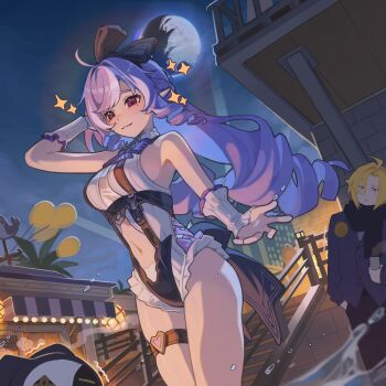 1boy 1girl absurdres arm_up blonde_hair bow breasts cleavage_cutout clothing_cutout commentary_request cup hair_between_eyes hair_bow highres holding holding_cup long_hair looking_at_viewer medium_breasts mole mole_under_eye moon navel night night_sky official_alternate_costume official_alternate_hairstyle one-piece_swimsuit open_mouth outdoors purple_hair red_eyes roo_boo sitting sky stomach swimsuit thick_thighs thigh_strap thighs vivian_banshee vivian_banshee_(iris_of_the_shore) water white_one-piece_swimsuit zenless_zone_zero