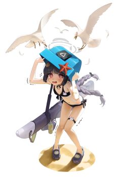 1girl @_@ alternate_costume basket_on_head bikini bird black_bikini black_hair blue_archive blunt_bangs blush braid crocs dat_(dat14382) highres loli long_hair looking_at_viewer miyu_(blue_archive) navel official_alternate_hairstyle open_mouth red_eyes seagull sidelocks solo stomach swimsuit twin_braids