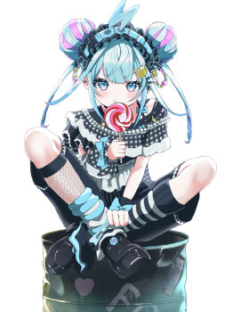 123haruno_oto 1girl :t absurdres ahoge angry asymmetrical_legwear black_capelet black_shoes black_shorts blue_eyes blue_hair blue_hairband blunt_bangs blush candy capelet commentary_request detached_sleeves double_bun drum_(container) fishnet_socks fishnets food frilled_hairband frills hair_bun hair_ornament hair_through_headwear hairband hairpin hand_on_own_ankle highres holding holding_candy holding_food holding_lollipop hololive hololive_dev_is indian_style kneehighs knees_up layered_legwear lightning_ahoge lolita_hairband lollipop long_hair looking_at_viewer mismatched_legwear mizumiya_su mizumiya_su_(flowglow_uniform) multiple_hairpins official_alternate_costume official_alternate_hairstyle on_barrel pink_streaks pout shoes shorts simple_background single_detached_sleeve single_fishnet_legwear sitting socks solo striped_clothes striped_socks swirl_lollipop v-shaped_eyebrows virtual_youtuber white_background