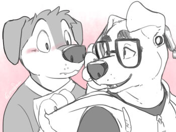 Rule 34 | 2boys, animal crossing, animal ears, blush, bodi (rock dog), commentary, dog boy, dog ears, animal nose, earrings, eclipticafusion, english commentary, fangs, floppy ears, furry, furry male, glasses, hood, hooded jacket, jacket, jewelry, k.k. slider (animal crossing), looking at another, male focus, monochrome, multiple boys, nintendo, partially colored, rock dog, sleeveless, sleeveless jacket, smile, surprised, white jacket, wide-eyed