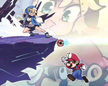 Rule 34 | 2boys, black gloves, blonde hair, blue footwear, blue jacket, blue overalls, boots, bridget (guilty gear), brown footwear, brown hair, cappy (mario), commentary request, crossover, final destination (smash bros), fingerless gloves, full body, gloves, gram 9, green eyes, guilty gear, habit, jacket, long sleeves, looking at viewer, male focus, mario, mario (series), mother (series), mother 2, multiple boys, ness (mother 2), nintendo, nun, open mouth, overalls, puffy long sleeves, puffy sleeves, red shirt, shaded face, shirt, short hair, smile, socks, super mario odyssey, super smash bros., white gloves, white shirt, white socks, yo-yo, zoom layer
