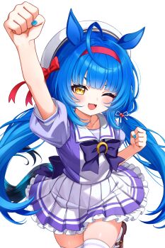 1girl 4kimizuki absurdres ahoge alternate_costume animal_ears back_bow beret blue_hair blue_nails bow bowtie brown_shoes chromashift clenched_hands commission hairband hat highres horse_ears horse_girl horse_tail horseshoe_ornament loafers long_hair looking_at_viewer low_twintails nail_polish one_eye_closed open_mouth pleated_skirt poko_rakun puffy_short_sleeves puffy_sleeves purple_bow purple_sailor_collar purple_serafuku purple_shirt raised_fist red_bow red_hairband sailor_collar sailor_shirt school_uniform second-party_source serafuku shirt shoes short_sleeves simple_background skirt solo summer_uniform tail thighhighs tracen_school_uniform twintails umamusume virtual_youtuber white_background white_hat white_skirt white_thighhighs yellow_eyes