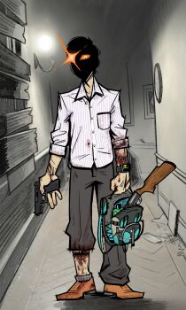 Rule 34 | 1boy, bag, blood, blood on clothes, commentary, english commentary, ethan winters, faceless, faceless male, full body, glowing, glowing eyes, gun, highres, holding, holding gun, holding weapon, indoors, male focus, resident evil, resident evil 7: biohazard, shirt, short hair, shotgun, tonythetony, weapon